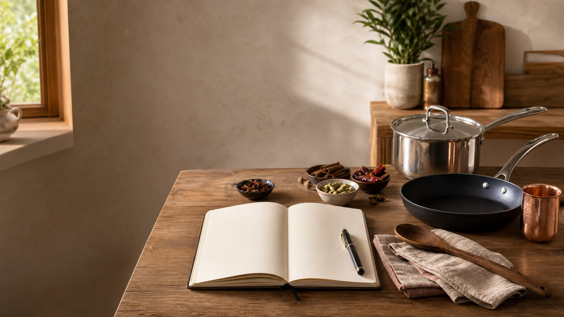 An editorial kitchen workbench with cookware, spices, and an open notebook